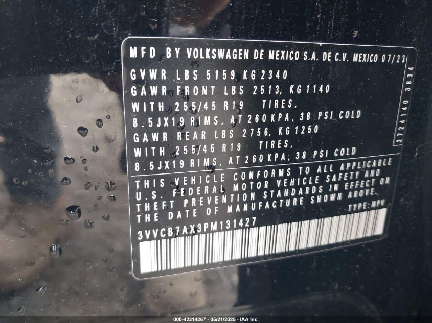 2023 Volkswagen Tiguan 2.0T Se VIN: 3VV3B7AX3PM131427 Lot: 42314267
