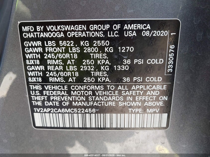 VIN 1V2AP2CA6MC522456 2021 VOLKSWAGEN ATLAS 2.0T S