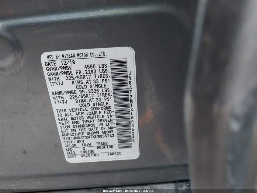 VIN JN8AT2MTXLW035243 2020 NISSAN ROGUE S FWD