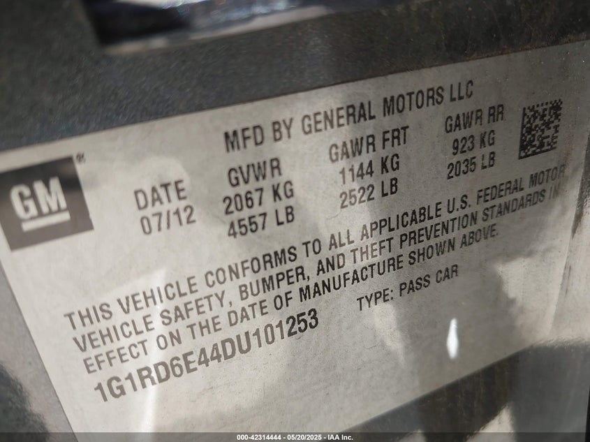 2013 CHEVROLET VOLT VIN: 1G1RD6E44DU101253