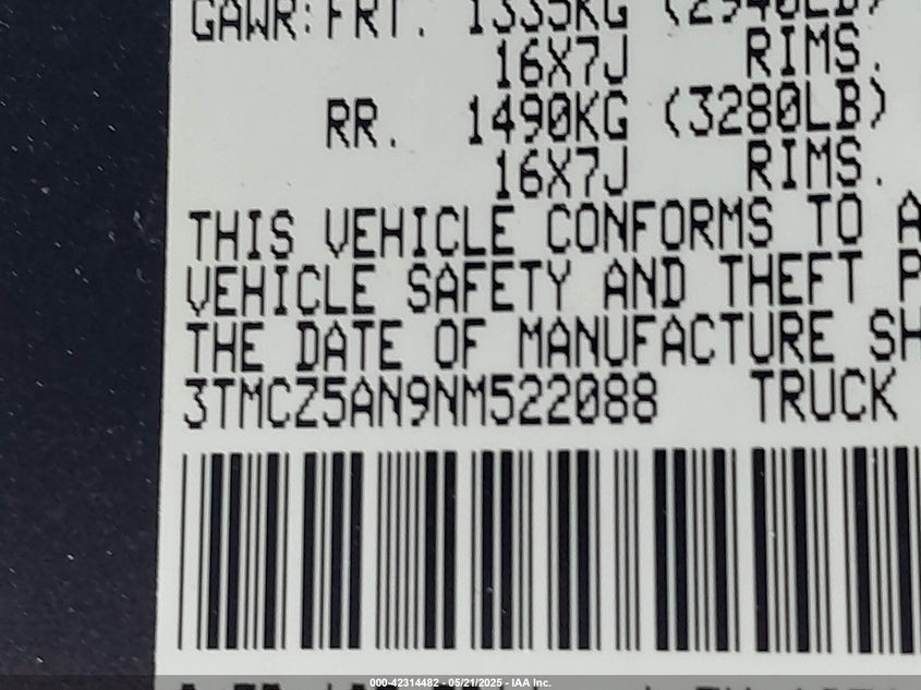 2022 TOYOTA TACOMA VIN: 3TMCZ5AN9NM522088