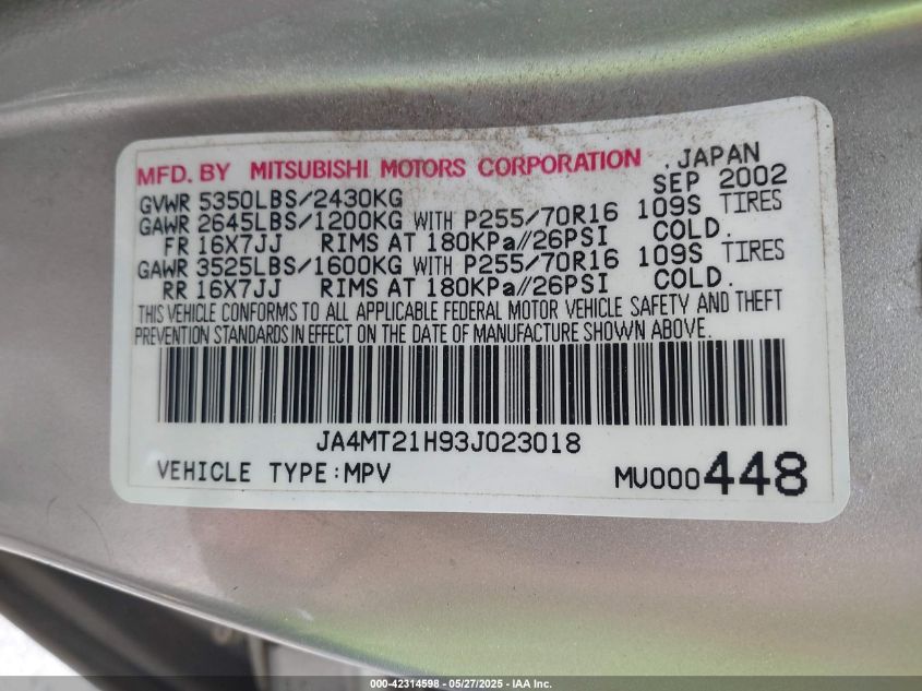 2003 Mitsubishi Montero Sport Es/Ls VIN: JA4MT21H93J023018 Lot: 42314598