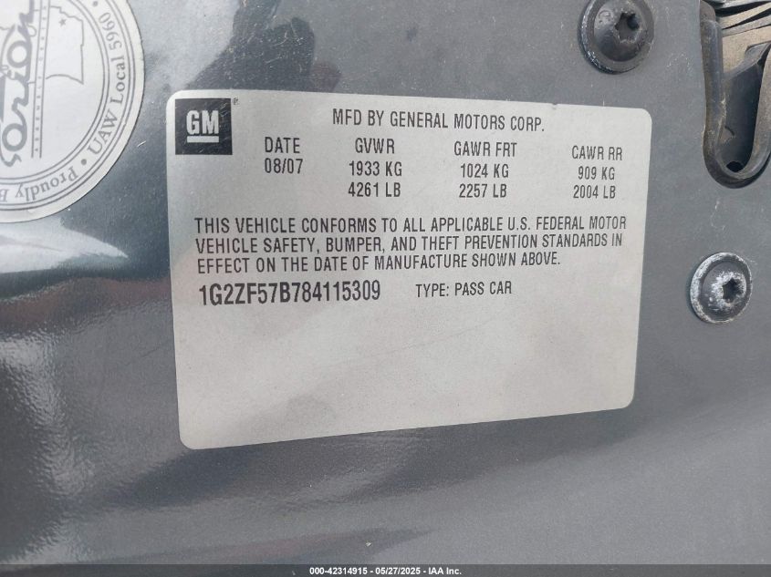 2008 Pontiac G6 Value Leader VIN: 1G2ZF57B784115309 Lot: 42314915