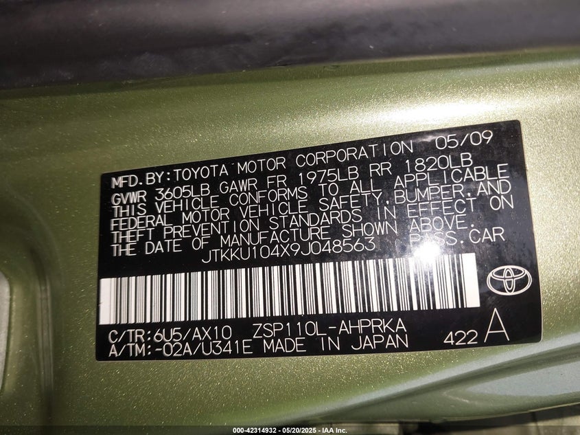 2009 SCION XD VIN: JTKKU104X9J048563