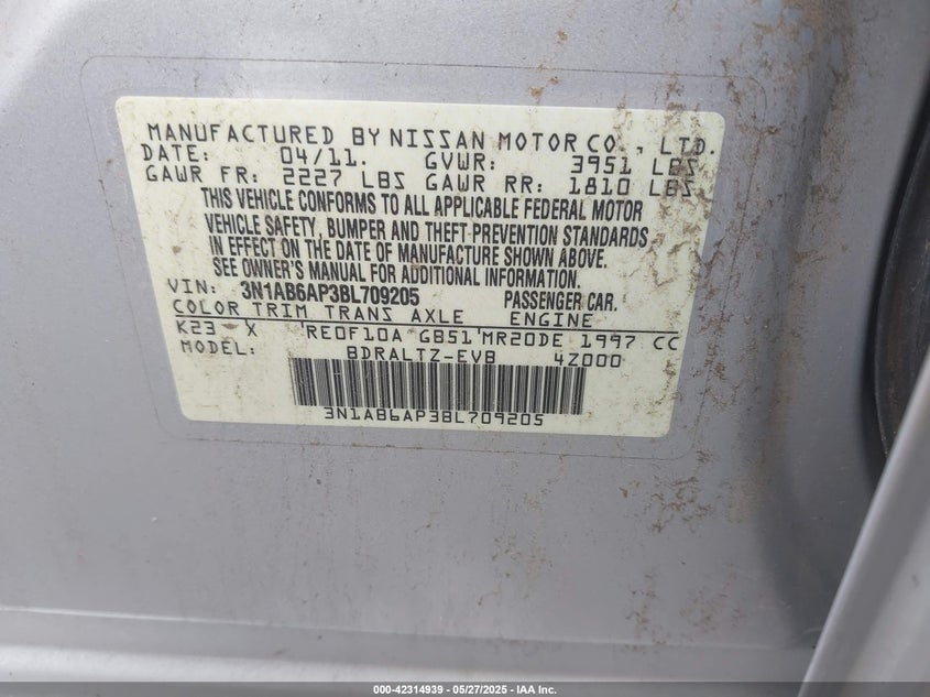 2011 NISSAN SENTRA VIN: 3N1AB6AP3BL709205
