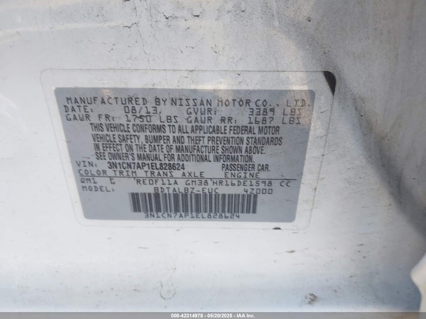 2014 NISSAN VERSA VIN: 3N1CN7AP1EL828624
