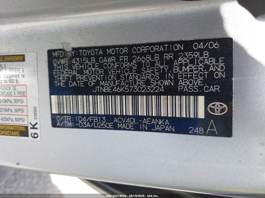 2007 TOYOTA CAMRY VIN: JTNBE46K573023224