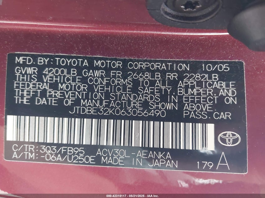 2006 TOYOTA CAMRY VIN: JTDBE32K063056490