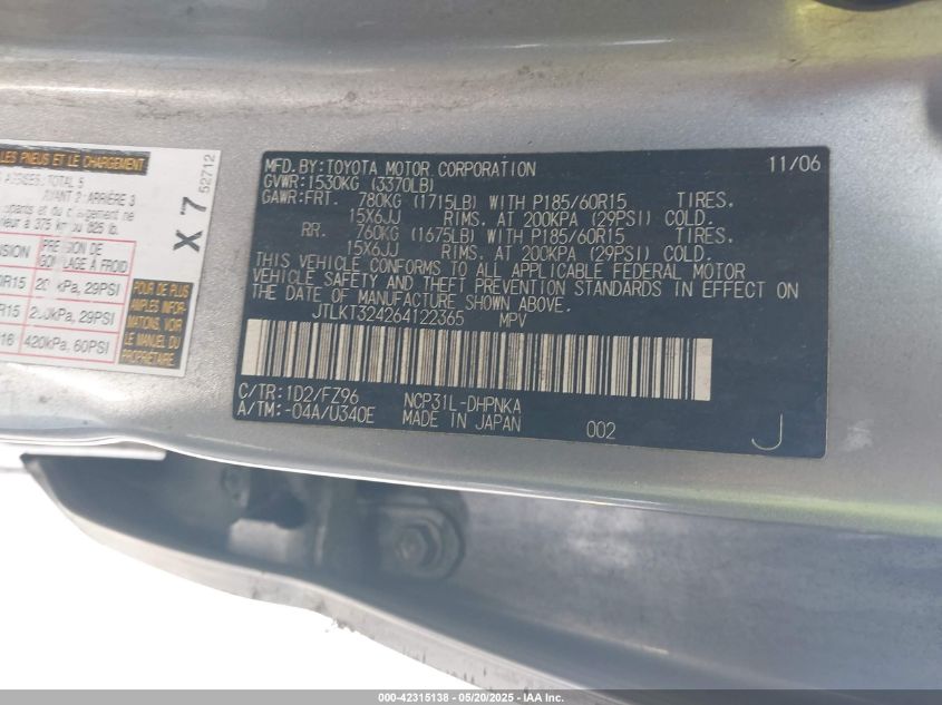 2006 Scion Xb VIN: JTLKT324264122365 Lot: 42315138