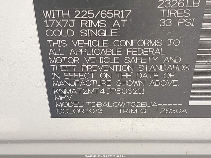 2018 Nissan Rogue Sv VIN: KNMAT2MT4JP506211 Lot: 42315143