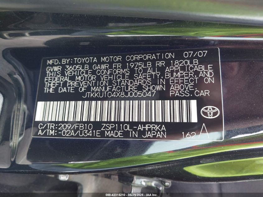 2008 Scion Xd VIN: JTKKU104X8J005047 Lot: 42315210