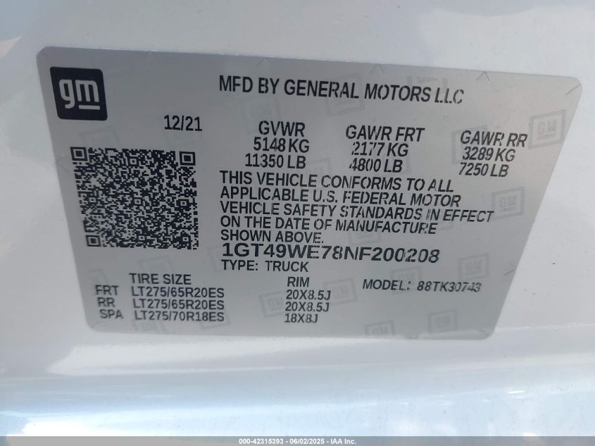 2022 GMC Sierra 3500Hd VIN: 1GT49WE78NF200208 Lot: 42315393