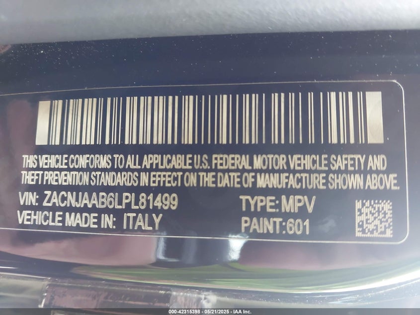 2020 JEEP RENEGADE VIN: ZACNJAAB6LPL81499