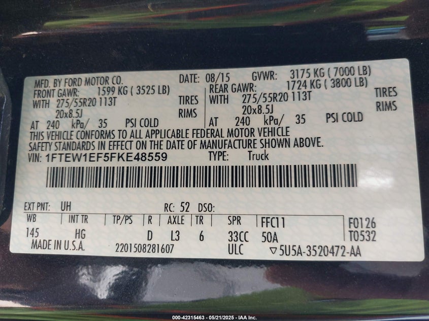 2015 FORD F150 VIN: 1FTEW1EF5FKE48559