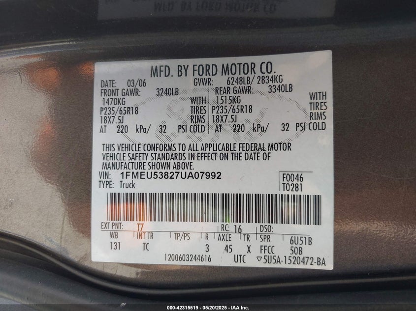 2007 FORD EXPLORER SPORT TRAC VIN: 1FMEU53827UA07992