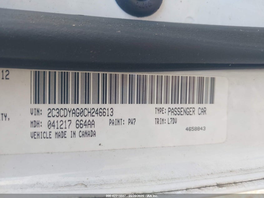 2012 DODGE CHALLENGER VIN: 2C3CDYAG0CH246613