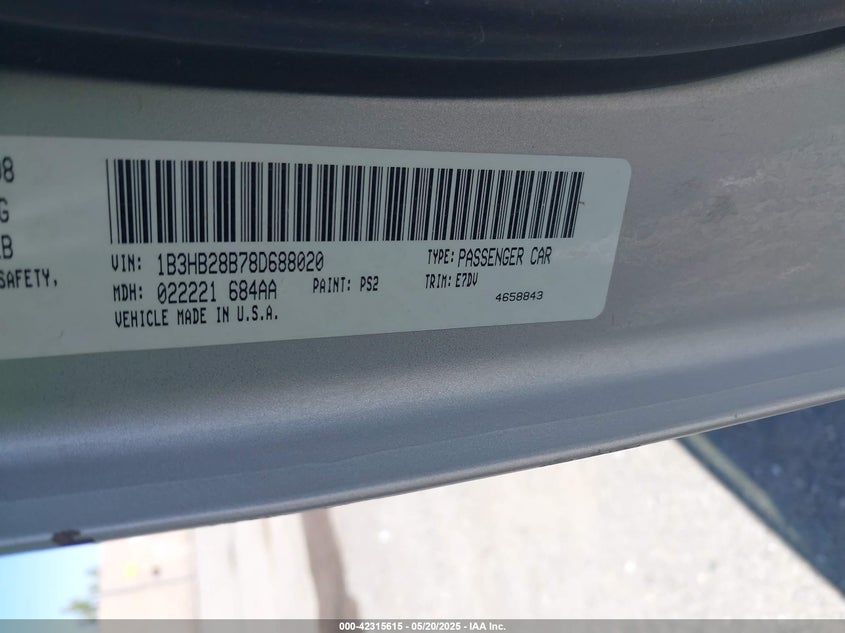 2008 DODGE CALIBER VIN: 1B3HB28B78D688020