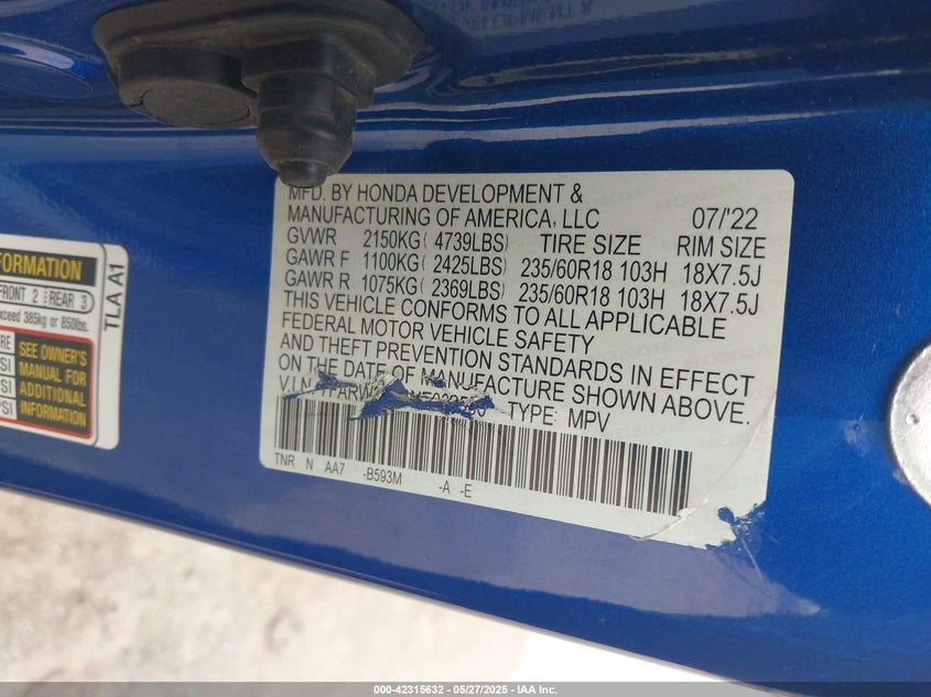 2022 HONDA CR-V VIN: 7FARW2H50NE039590