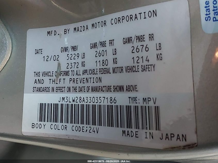 2003 Mazda Mpv Es/Lx/Lx-Sv VIN: JM3LW28A330357186 Lot: 43454028