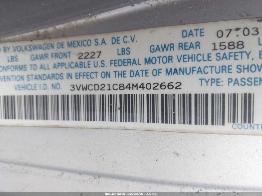 2004 Volkswagen New Beetle Gls 1.8T VIN: 3VWCD21C84M402662 Lot: 42316125