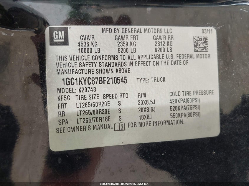 2011 CHEVROLET SILVERADO VIN: 1GC1KYC87BF210545