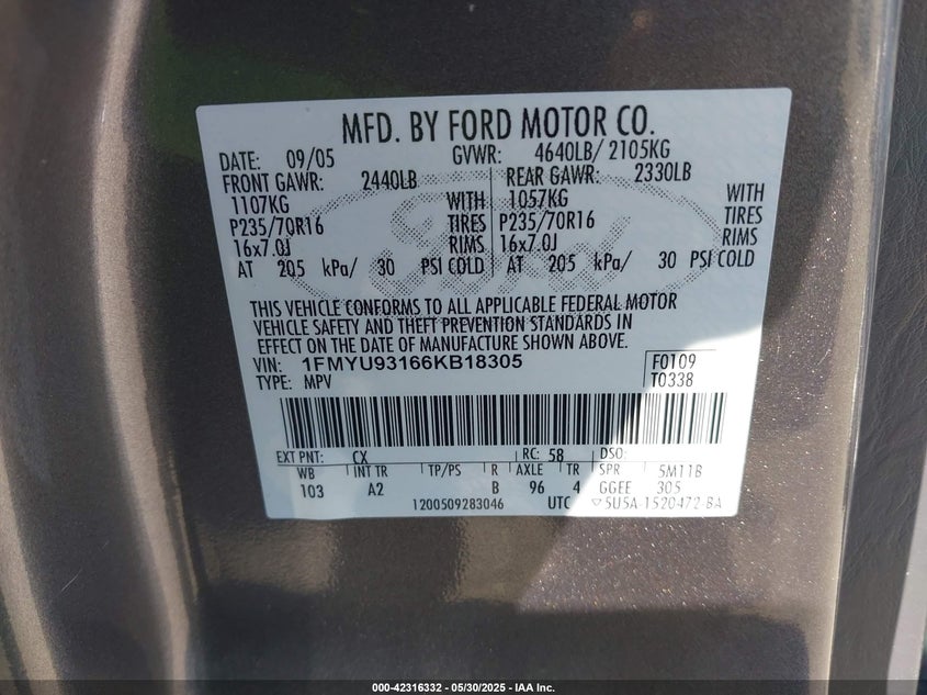 2006 FORD ESCAPE VIN: 1FMYU93166KB18305