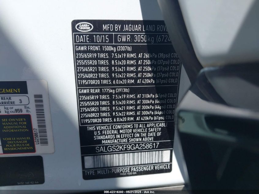 2016 Land Rover Range Rover 3.0L V6 Turbocharged Diesel Hse Td6 VIN: SALGS2KF9GA258617 Lot: 42316380