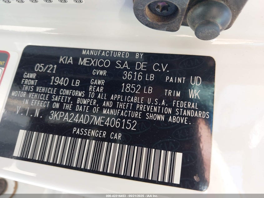 2021 KIA RIO VIN: 3KPA24AD7ME406152