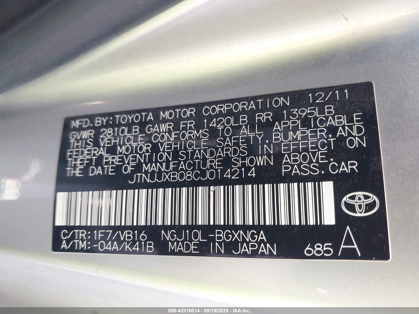 2012 SCION IQ VIN: JTNJJXB08CJ014214