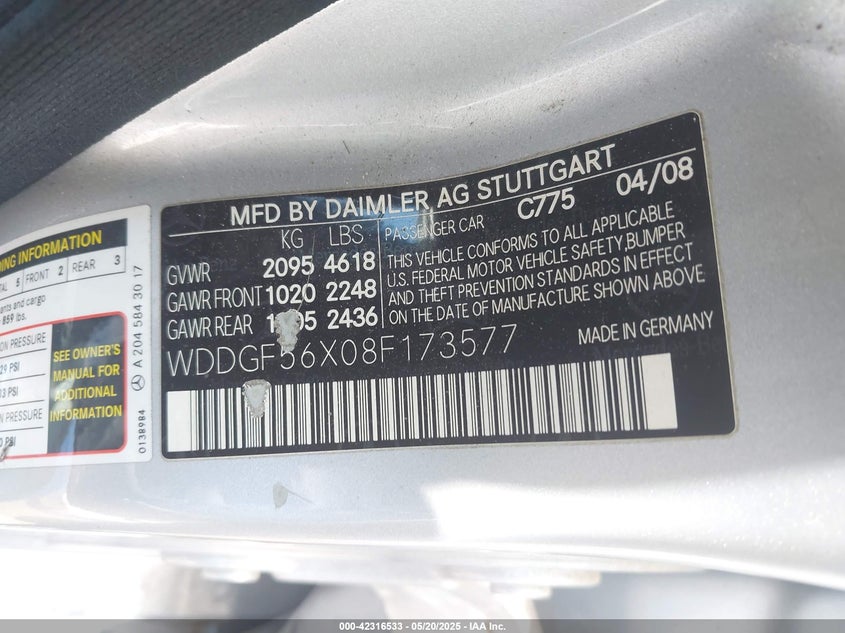 2008 MERCEDES-BENZ C 350 VIN: WDDGF56X08F173577