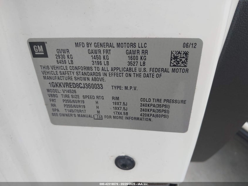 2012 GMC ACADIA VIN: 1GKKVRED8CJ360033