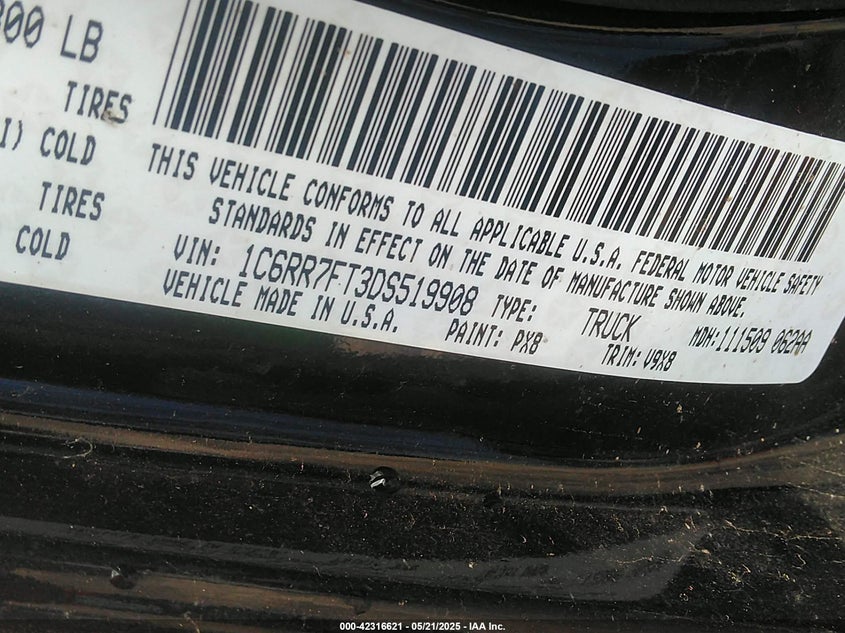 2013 RAM 1500 VIN: 1C6RR7FT3DS519908