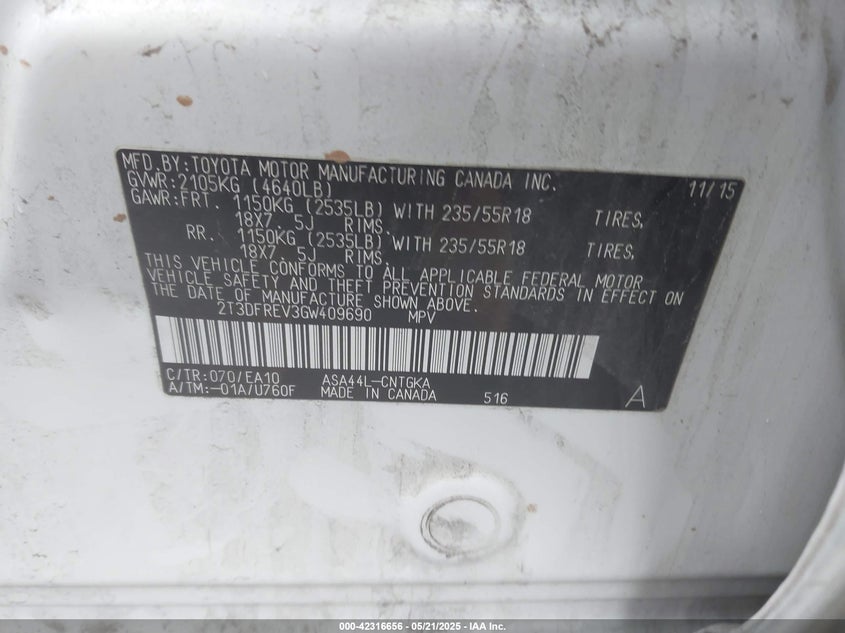 2016 TOYOTA RAV4 LIMITED - 2T3DFREV3GW409690