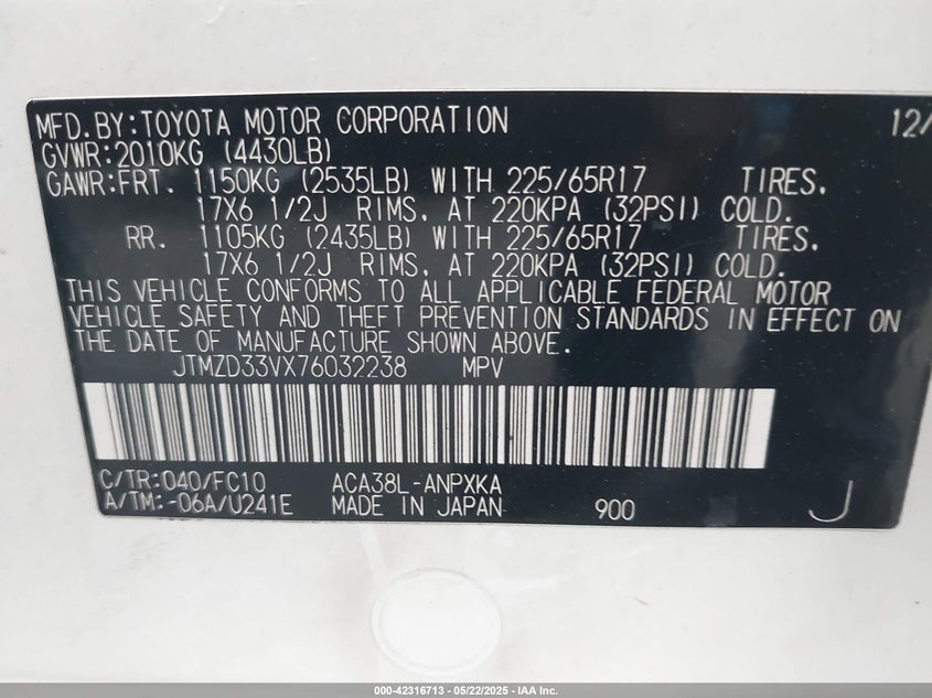 2007 TOYOTA RAV4 VIN: JTMZD33VX76032238