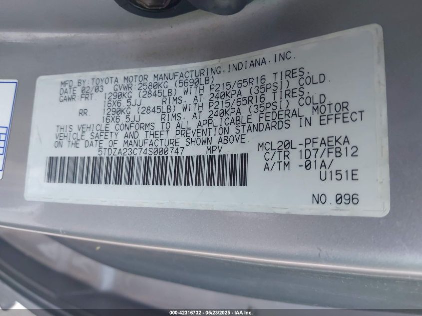 2004 Toyota Sienna Le VIN: 5TDZA23C74S000747 Lot: 42316732