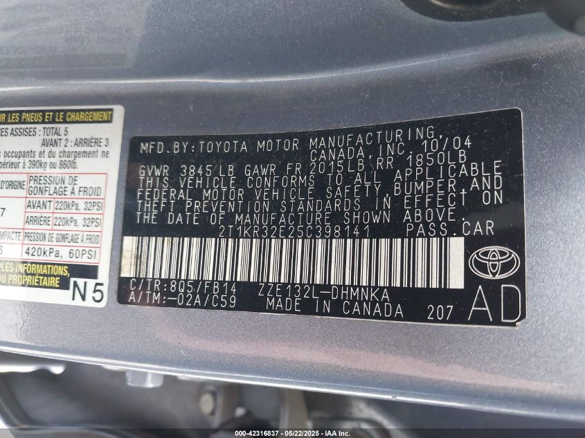 2005 Toyota Matrix Xr VIN: 2T1KR32E25C398141 Lot: 42316837