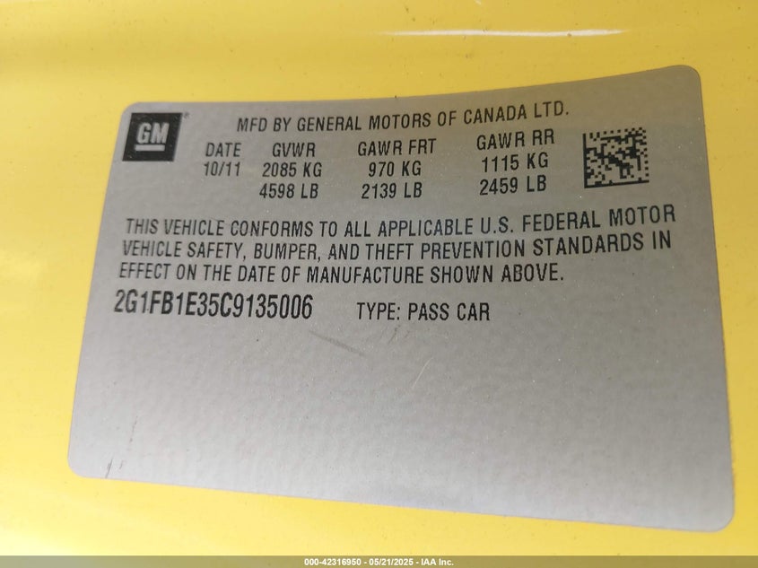 2012 CHEVROLET CAMARO VIN: 2G1FB1E35C9135006