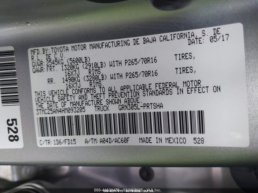 VIN 3TMCZ5AN4HM093205 2017 TOYOTA TACOMA TRD OFF ROAD