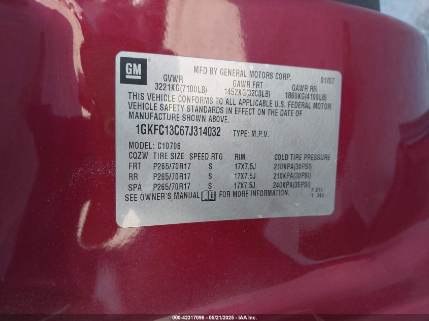 2007 GMC Yukon Commercial Fleet VIN: 1GKFC13C67J314032 Lot: 42317098