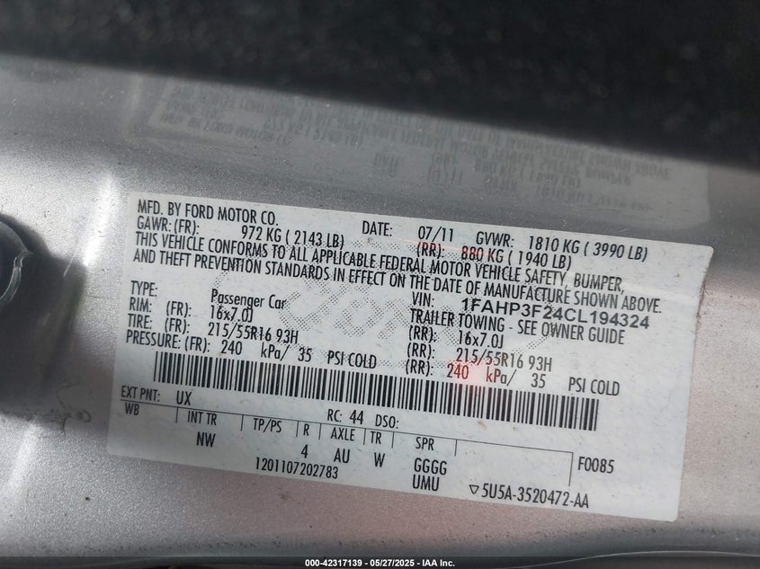 2012 FORD FOCUS VIN: 1FAHP3F24CL194324