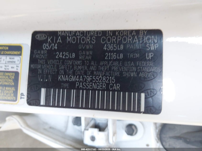2015 KIA OPTIMA VIN: KNAGM4A79F5528215