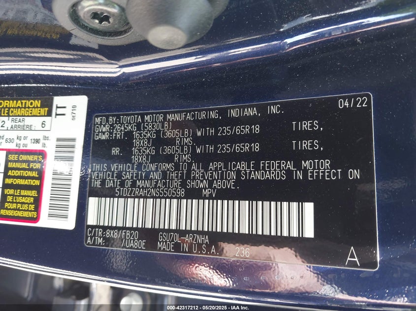 2022 TOYOTA HIGHLANDER VIN: 5TDZZRAH2NS550598