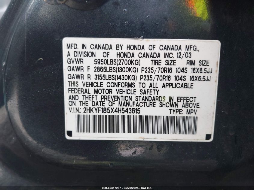 2004 Honda Pilot Ex-L VIN: 2HKYF185X4H543615 Lot: 42317237