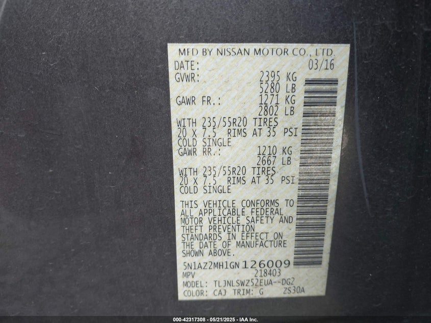 2016 NISSAN MURANO PLATINUM - 5N1AZ2MH1GN126009