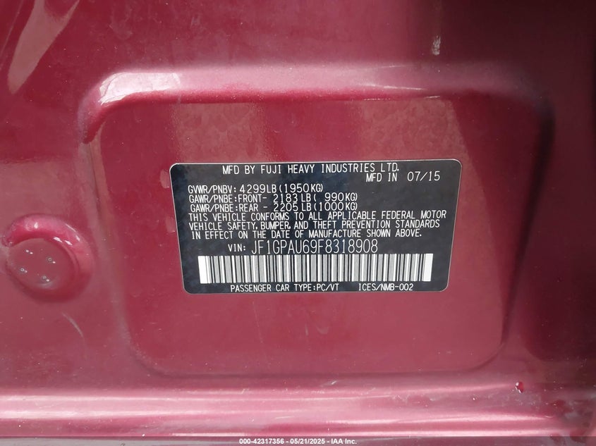 2015 SUBARU IMPREZA 2.0I SPORT PREMIUM - JF1GPAU69F8318908