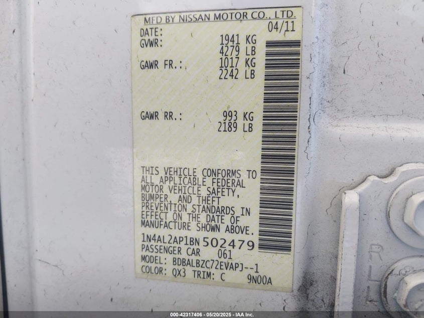 2011 NISSAN ALTIMA VIN: 1N4AL2AP1BN502479
