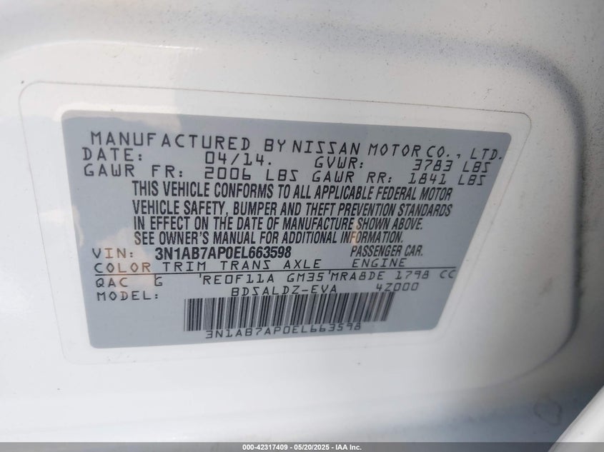 2014 NISSAN SENTRA VIN: 3N1AB7AP0EL663598