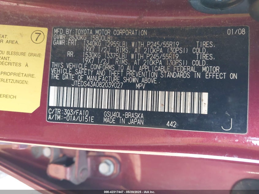 2008 TOYOTA HIGHLANDER VIN: JTEDS43A082039027