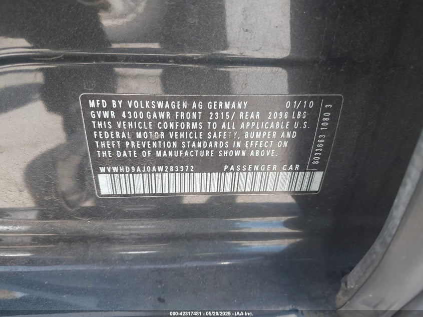 2010 VOLKSWAGEN GTI VIN: WVWHD9AJ0AW283372