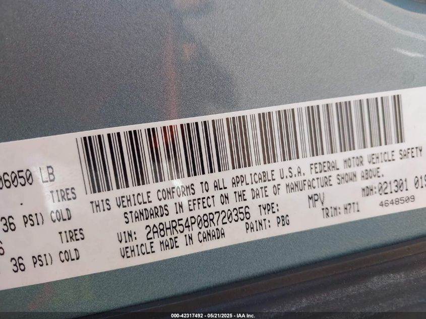 2008 Chrysler Town & Country Touring VIN: 2A8HR54P08R720356 Lot: 42317492